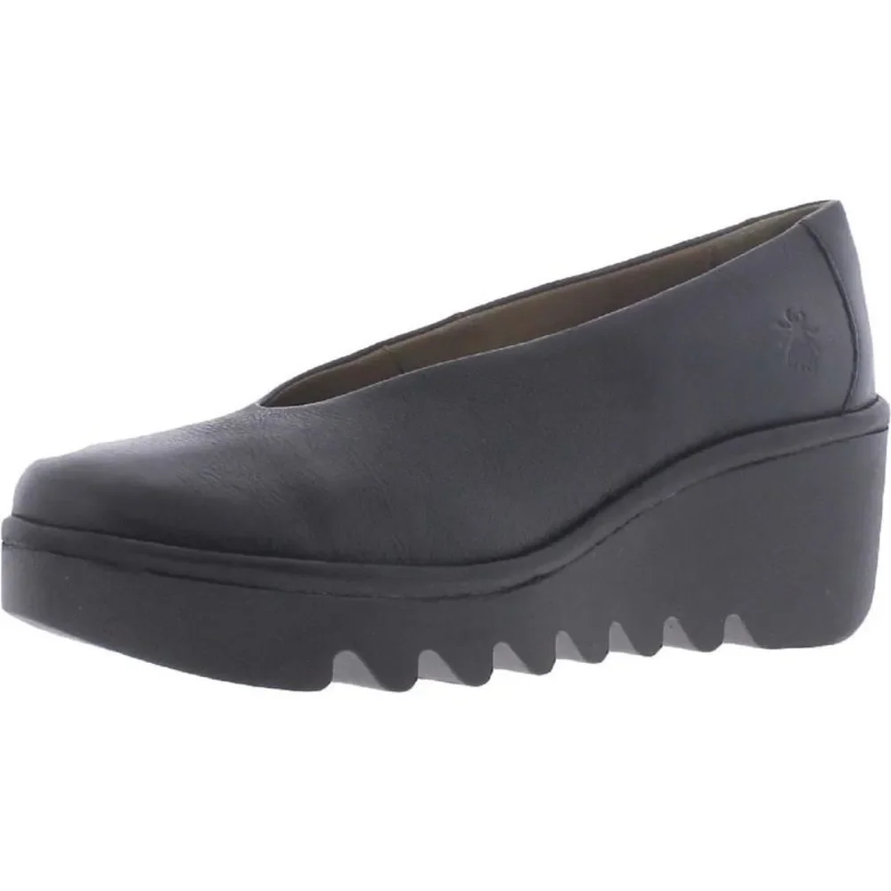FLY London Womens Beso246fly Black Leather Slip On Wedge Heels Shoes NWT